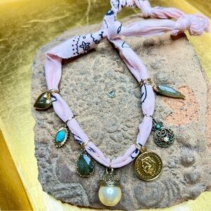 Boho Pink Western Cowgirl and Gold tone Bandana Charm Necklace